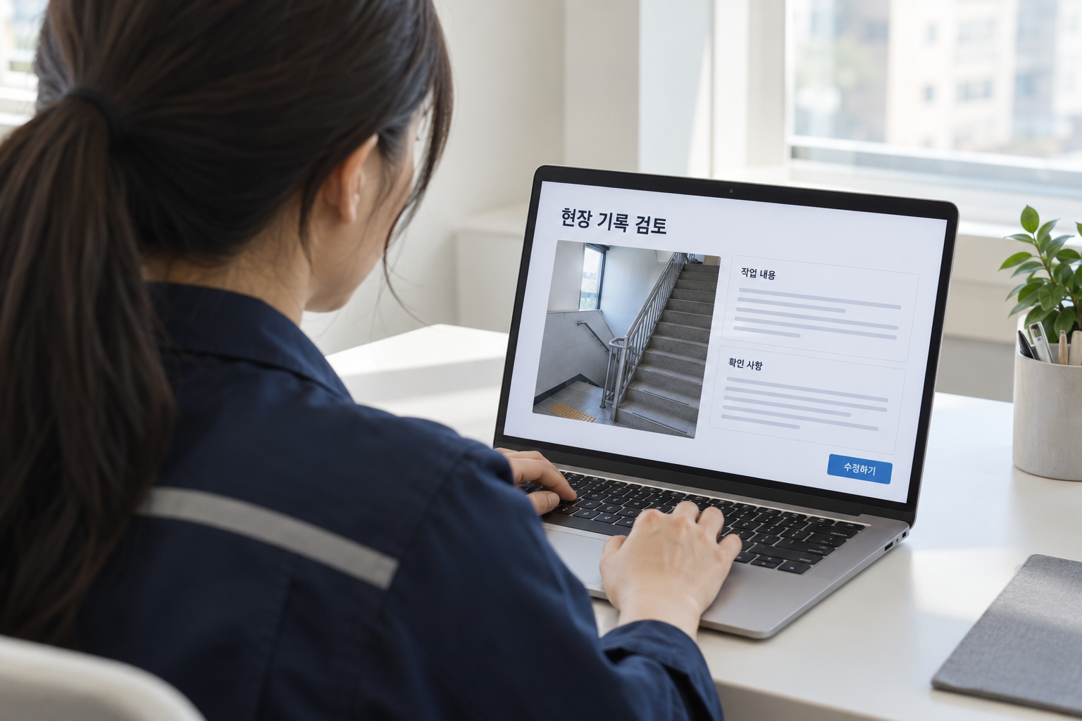 계단 현장 사진과 작성 내용을 노트북에서 검토하는 담당자 · AI 연출 이미지, 화면은 설명용 예시