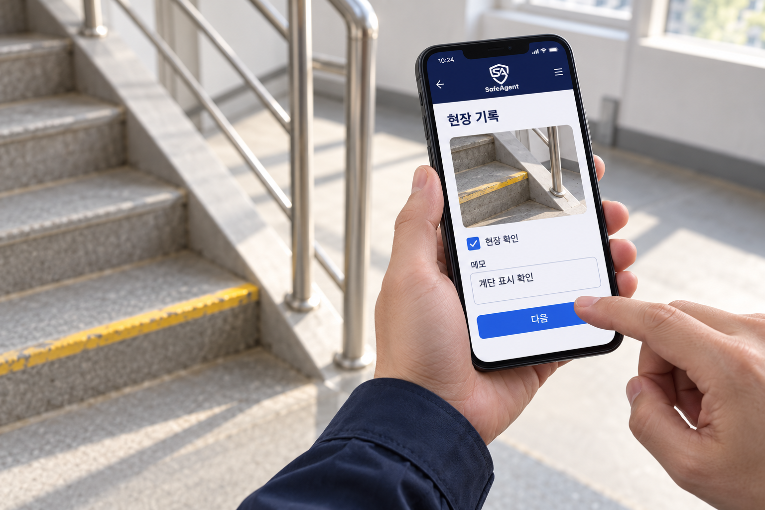 계단의 표시 상태를 휴대폰 사진과 메모로 기록하는 손 · AI 연출 이미지, 화면은 설명용 예시